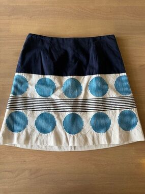 Boden Embroidered w Circles A-line Blue White Mini Skirt US12 Lined Mod